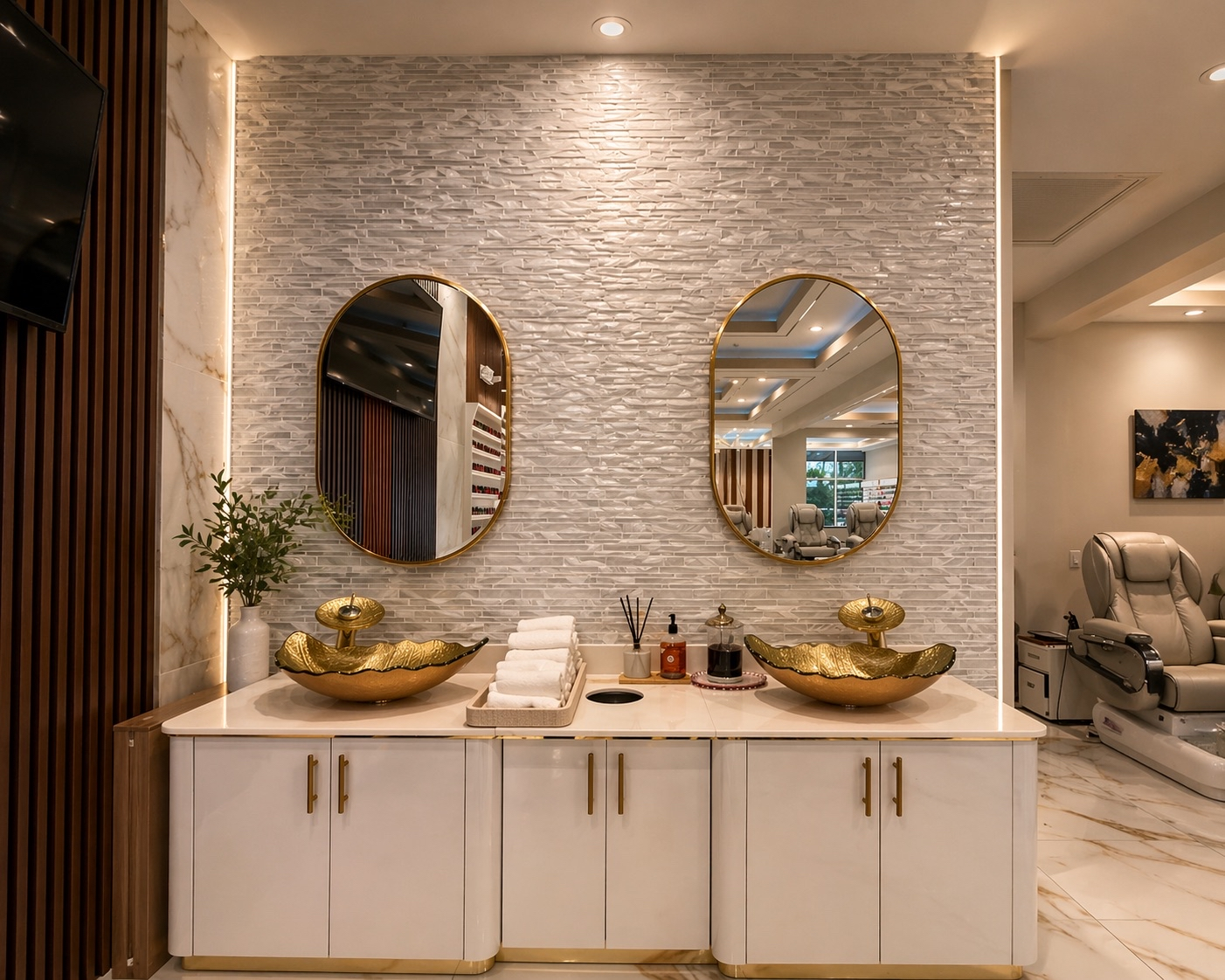Tipsy Nail Salon Bar interior with gold vessel sinks and marble